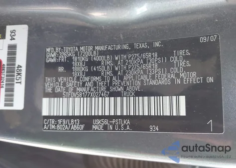 2007 Toyota Tundra Limited 5.7L V8 z USA, uszkodzony, nr VIN 5TFDV58177X027467